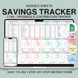 Könnte beinhalten: Ein Laptop und ein Smartphone zeigen eine Google Sheet mit einem Spar-Tracker. Die Tabelle enthält eine Fortschrittsanzeige für 15 verschiedene Sparziele. Die Tabelle ist mit "Spar-Tracker" betitelt und enthält den Text "1 Tab - Fortschritts- und Beitrags-Tracker".