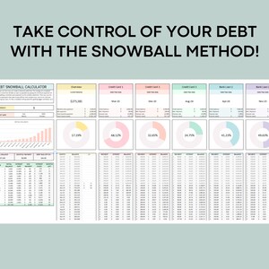 May include: A debt snowball calculator spreadsheet with a colorful chart showing the progress of paying off debt. The chart shows the total debt balance, the debt paid off, and the percentage of debt paid off. The spreadsheet also includes a section for tracking monthly payments and interest rates.