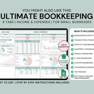 May include: A digital spreadsheet template for small businesses to track income and expenses. The template includes 9 tabs, including a bookkeeping setup tab, transactions tracker, monthly, quarterly, annual, 5-year, and custom dashboards, a comparison dashboard, tax tracker, and a net worth tracker. The template is designed in a light blue and pink color scheme and includes charts and graphs to visualize data.
