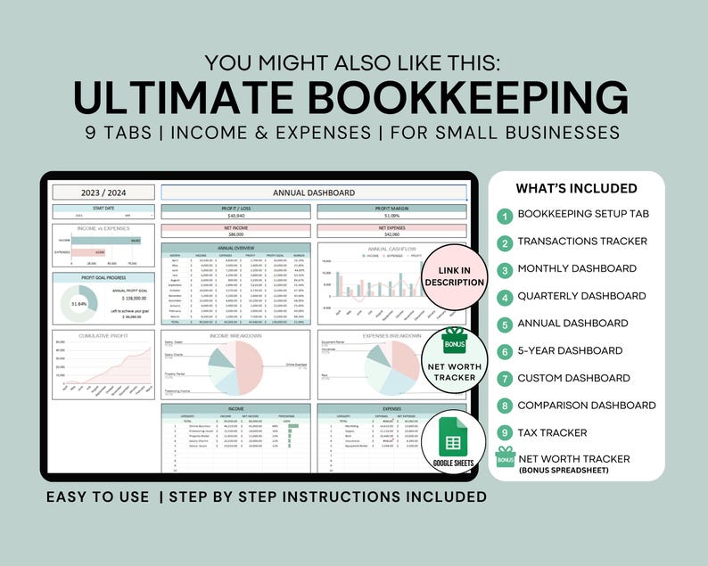 May include: A digital spreadsheet template for small businesses to track income and expenses. The template includes 9 tabs, including a bookkeeping setup tab, transactions tracker, monthly, quarterly, annual, 5-year, and custom dashboards, a comparison dashboard, tax tracker, and a net worth tracker. The template is designed in a light blue and pink color scheme and includes charts and graphs to visualize data.