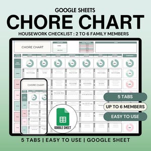 May include: A digital chore chart for families with 2 to 6 members. The chart is organized by day of the week and includes a variety of chores, such as cleaning the kitchen, vacuuming, and taking out the trash. The chart is designed to be used with Google Sheets and is easy to use. The image shows a screenshot of the chart on a computer screen and a smaller version of the chart on a mobile phone.
