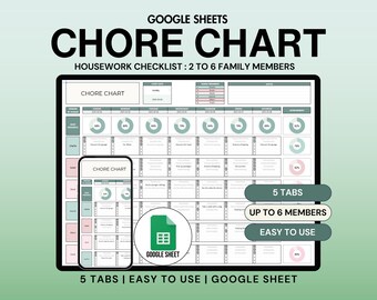 May include: A digital chore chart for families with 2 to 6 members. The chart is organized by day of the week and includes a variety of chores, such as cleaning the kitchen, vacuuming, and taking out the trash. The chart is designed to be used with Google Sheets and is easy to use. The image shows a screenshot of the chart on a computer screen and a smaller version of the chart on a mobile phone.