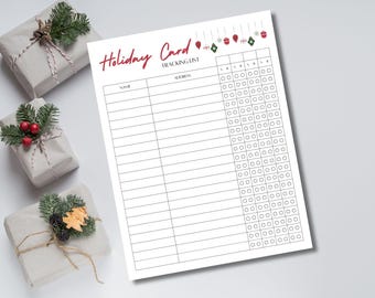 May include: A printable holiday card tracking list with a red and white striped border. The list includes columns for name, address, and a section for checking off cards sent. The top of the page has the text "Holiday Card Tracking List" and is decorated with red, green, and white ornaments.