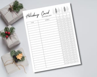 May include: Printable holiday card tracking list with a black and white illustration of stylized pine trees at the top. The list includes columns for name, address, and a grid of checkboxes for tracking sent cards.