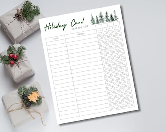 May include: A printable holiday card tracking list with a watercolor illustration of pine trees at the top. The list includes columns for name, address, and a grid of checkboxes for tracking sent cards.