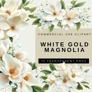 Gold Magnolia Floral clipart, White Flowers PNG Set, Wedding Invitation clip art, Magnolia Glam Garden Bridal Shower Sublimation Bundle