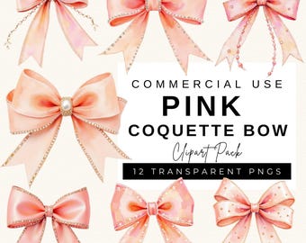 Pink Coquette Bow Clipart: Watercolor Ribbon PNG (Digital Download)