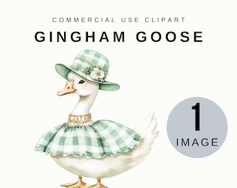Watercolor Gingham Goose Baby Shower Clipart, Nursery Decor, Birthday Transparent PNGs, Commercial Use