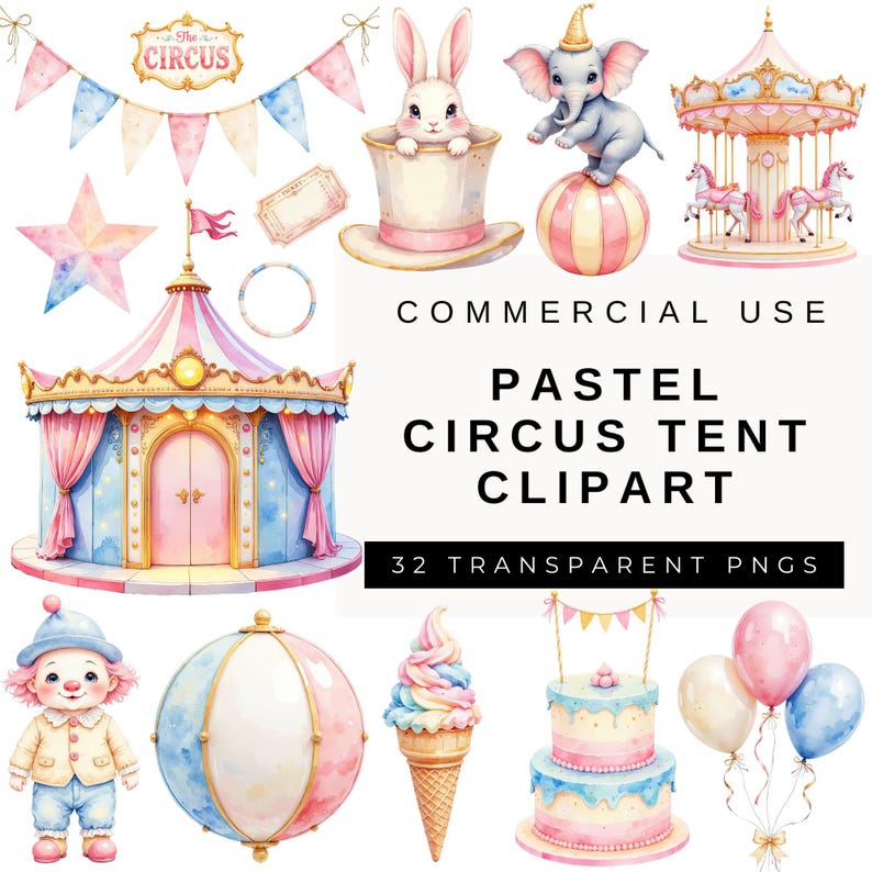Pastel Circus Tent Clipart, Cute Carnival Animals, Digital Download for ...