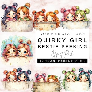Quirky Girl Watercolor Clipart: Bestie Friends PNG (Digital Download, Commercial Use)