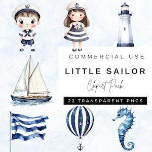Aquarell Nautische Clipart, Küstenstrand, Segeln Clipart, kleine Sailor Junge & Mädchen, Kinderzimmer PNG, Segeln, Leuchtturm, Babyparty