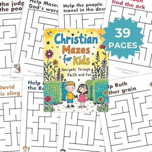 May include: A stack of Christian Mazes for Kids activity books. The cover features a colorful illustration of two children and the text "Christian Mazes for Kids" and "Navigate Through Faith and Fun." The books have 39 pages.