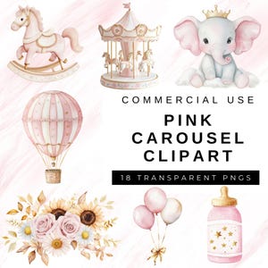 Clipart aquarelle carrousel, cheval de carrousel, oeuvre d'art pour chambre d'enfant carrousel, carnaval, baby shower rose, impressions d'anniversaire, conte de fées, scrapbooking, PNG