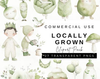 Locally Grown Baby Shower Clipart, Watercolor Farmers Produce Market PNGs, Fresh Vegetable Garden Baby Sprout, Commercial Use