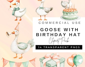 Watercolor Goose Birthday Clipart: Party Hat PNG (Digital Download)