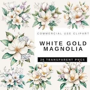 Gold Magnolia Floral Clipart, Wedding Invitation Graphics, Bridal Shower, Watercolor White Flowers,  Commercial Use PNG, Digital Download