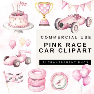 Roze raceauto clipart, aquarel race-graphics, digitale download, kindermeisje racer, schattig, vintage, png, babyshower en verjaardagsuitnodigingen