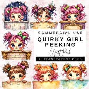 Quirky Girl Peeking Watercolor Clipart: Transparent PNG for Junk Journals (Digital Download, Commercial Use)