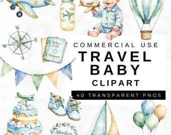 Travel Clipart Baby Blue, Watercolor Airplane & Hot Air Balloon PNG, Nursery Decor for Baby Boy, Digital Download Art, Commercial Use