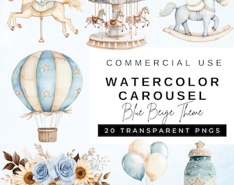 Carousel Watercolor Clipart, Carousel Horse, Baby Shower Art, Carnival Pony, Nursery Decor, Birthday Clipart, Fairy Tale, Scrapbooking, PNG