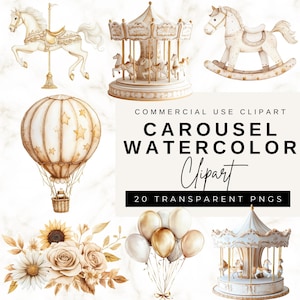 Carousel Watercolor Clipart, Carousel Horse, Carousel Nursery Art, Carnival, Baby Shower,Birthday Prints, Fairy Tale, Scrapbooking For Girls