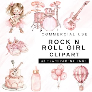 Rock N Roll meisje clipart, Little Rockstar themaviering, commercieel gebruik PNG, Gender Reveal, uitnodiging babyshower, muziekliefhebbers, roze