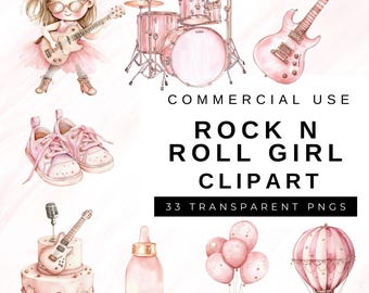 Rock N Roll Girl Clipart, Tema de celebração Little Rockstar, PNG de uso comercial, Revelação de gênero, Convite para chá de bebê, Amantes da música, Rosa