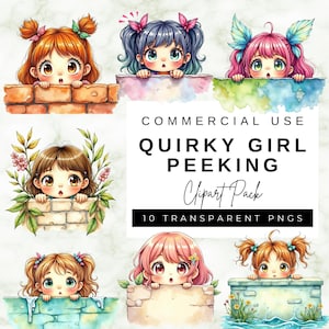 Watercolor Girl Clipart: Whimsical Peeking PNG for Scrapbooking and Junk Journal art (Digital Download)