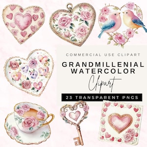 Grandmillenial Watercolor Clipart Set, Vintage Floral Patterns, Elements, Digital Download for Scrapbooking, Invitations & Crafting Projects