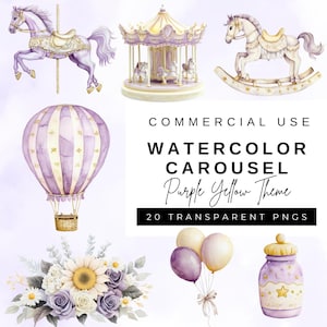 Carrousel aquarel clipart, paars geel paard, babyshower kunst, carnaval pony, decor kinderkamer, verjaardag print, sprookje, transparante png