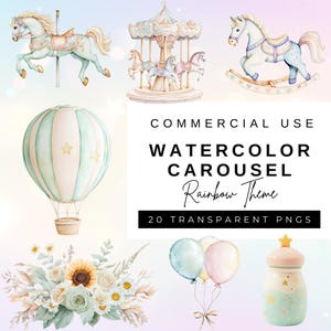 Clipart aquarelle carrousel, cheval arc-en-ciel, art pour chambre d'enfant, baby shower, clipart carnaval, poney de conte de fées, anniversaire, chevaux, scrapbooking, PNG