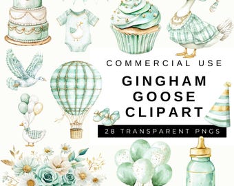 Watercolor Gingham Goose Baby Shower Clipart, Gender Neutral Color, Nursery Decor, Birthday Transparent PNGs, Commercial Use