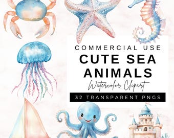 Watercolor Sea Animals Baby Shower Clipart, 32 Ocean Creatures PNG, Commercial Use