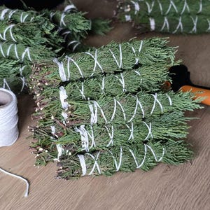 May include: Bundles of green cedar branches, tightly wrapped with white twine. A roll of white twine sits nearby, with a pair of orange-handled shears in the background. The bundles are arranged on a wooden surface.