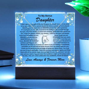 Personalized To Bonus Daughter Keepsake | Acrylic Plaque with Necklace, Gift From Mom or Dad, Heart Pendant, LED Light, Birthday Present
