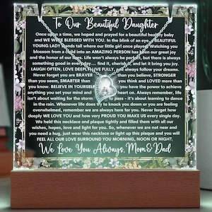 Personalized To Our Daughter Keepsake | Acrylic Plaque with Necklace, LED Lights, Gift from Mom & Dad, Heart Necklace, Birthday Present