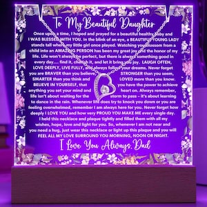 Personalized To Daughter Keepsake | Acrylic Plaque with Necklace, Gift from Dad, Heart Pendant, LED Lights, Birthday Present, Holiday Gift