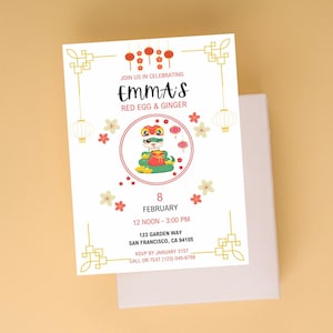 Year of the Snake | 100 Days | Red Egg and Ginger | Red and Gold | Floral | Invitation