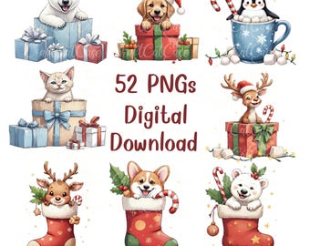 Zestaw świątecznych, uroczych zwierzątek w grafice PNG, urocze zwierzęta w skarpetach, zimowe dekoracje zwierzęce, 52 PNG, pakiet świątecznych grafik, kawaii świąteczne clipart