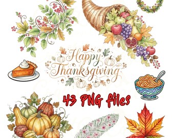 Zestaw clipartów z okazji Święta Dziękczynienia | 43 pliki PNG | Akwarelowe ilustracje z jesiennymi zbiorami | Róg obfitości, dynie, liście, ciasto | Grafika sublimacyjna