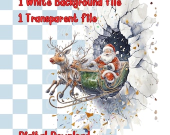 Clipart z saniami Świętego Mikołaja, przełamując mur | Akwarela Świętego Mikołaja z reniferem PNG | Zabawny Mikołaj w rozbiciu PNG | Sublimacja świątecznego prezentu