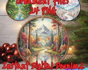 Zestaw akwarelowych clipartów górskich | Krajobraz leśno-rzeczny w formacie PNG do sublimacji na ozdobę świąteczną | Pobieranie cyfrowe ozdoby w kształcie koła