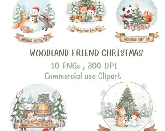 Zestaw świątecznych clipartów „Woodland Friends” – akwarelowe leśne zwierzęta i świąteczne sceny w formacie PNG – przytulna zimowa sztuka cyfrowa do rękodzieła i dekoracji