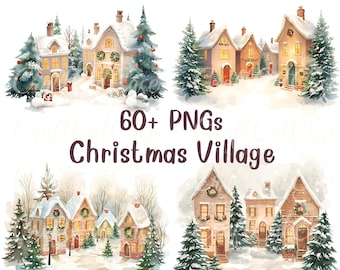 Zestaw clipartów akwarelowych z wioską bożonarodzeniową | Ilustracje zimowych domów | Budynki w stylu nordyckim ze śniegiem | Zestaw 62 obrazów PNG z przytulną sceną świąteczną