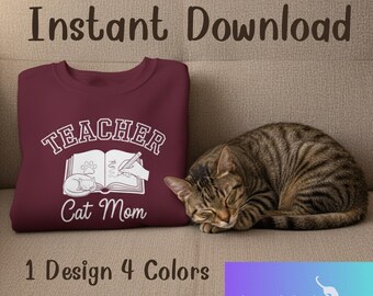 Projekt koszulki „Nauczycielka Kotka Mama” | Zabawna koszulka graficzna „Nauczycielka Miłośniczka Kotów” | Pobieranie cyfrowe PNG