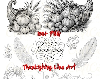 Zestaw clipartów z motywem Święta Dziękczynienia | 100up Botanical Fall PNG | Minimalistyczne rysunki cienkimi liniami | Dynia, indyk, liście, ikony zbiorów
