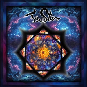 Puede incluir: Un mandala abstracto colorido con un centro amarillo rodeado de patrones en espiral. El mandala se encuentra sobre un fondo azul oscuro con estrellas y nubes. El texto "Ty Stars" está escrito en negro en la parte superior de la imagen.