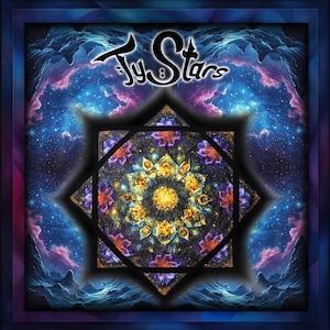 Puede incluir: Un diseño de mandala colorido con un patrón de estallido de estrellas en tonos de azul, morado, dorado y negro. El mandala está rodeado de un cielo nocturno estrellado con nubes y montañas en el fondo. El texto "Ty Stars" está escrito en negro en la parte superior de la imagen.