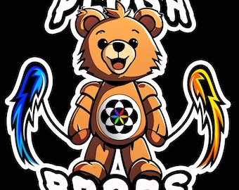 May include: A brown teddy bear with a rainbow mandala on its chest, holding two glowing blue and yellow props. The text "PLUSH PROPS" is written in a white outline around the bear.