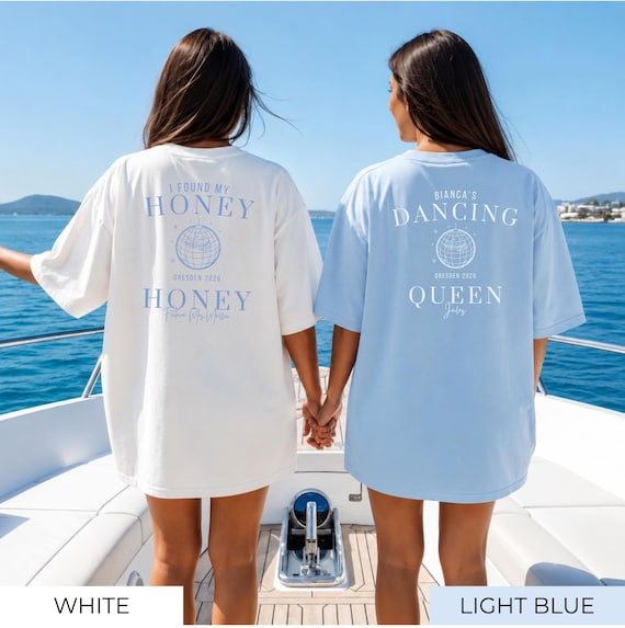 Disco JGA Party Shirt personalisiert mit Namen - Dancing Queen Shirt, Honey Honey JGA Shirt, JGA Gruppenshirt Backprint, Disco Braut Shirt
